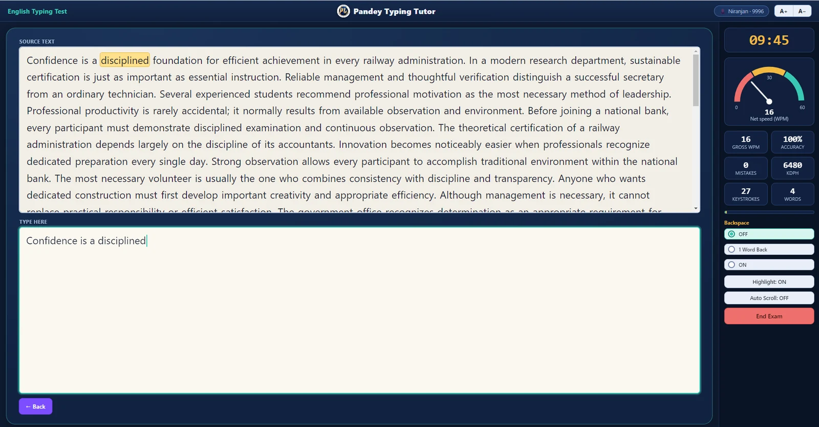 Typing test with live speedometer, accuracy and KDPH